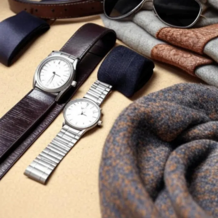 Elegáns férfi kiegészítők – övek, órák és sálak stilizált elrendezésben
