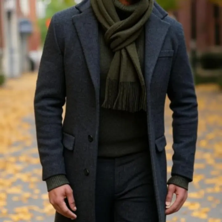 Őszi-téli férfi összeállítás rétegezett kabáttal és kötött pulóverrel