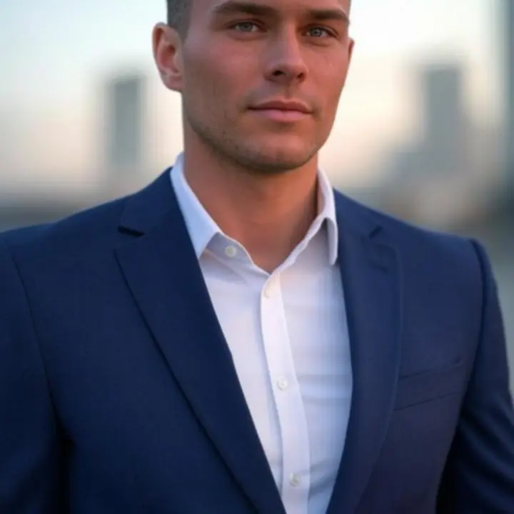 Férfi modern, karcsúsított sötét öltönyben és elegáns ingben