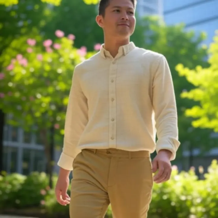 Tavaszi-nyári férfi szett könnyű inggel és világos nadrággal