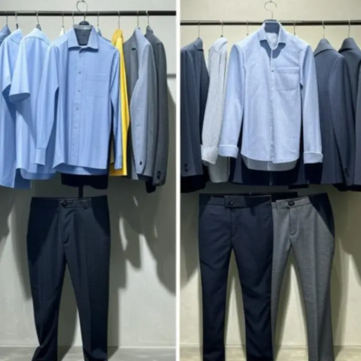 Gondosan összeválogatott férfi ruhadarabok kollekcióban elrendezve.